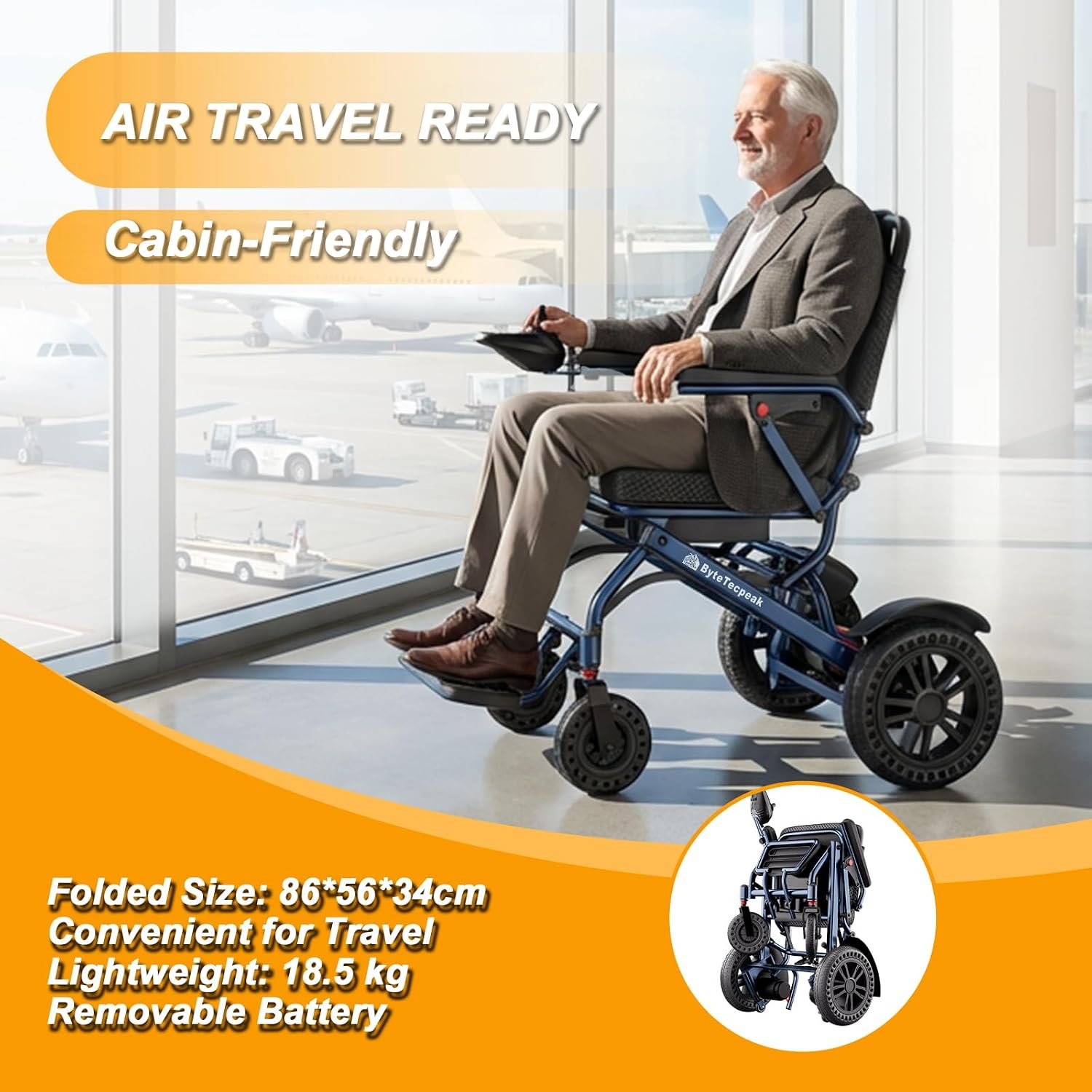D14 Folding Electric Wheelchair for Adults with Removable Lithium Battery,20km Range,500W Motor,Lightweight & Compact Ultra-Portable Aluminium Powerchair,Travel-Friendly & Airline Approved - Image 3