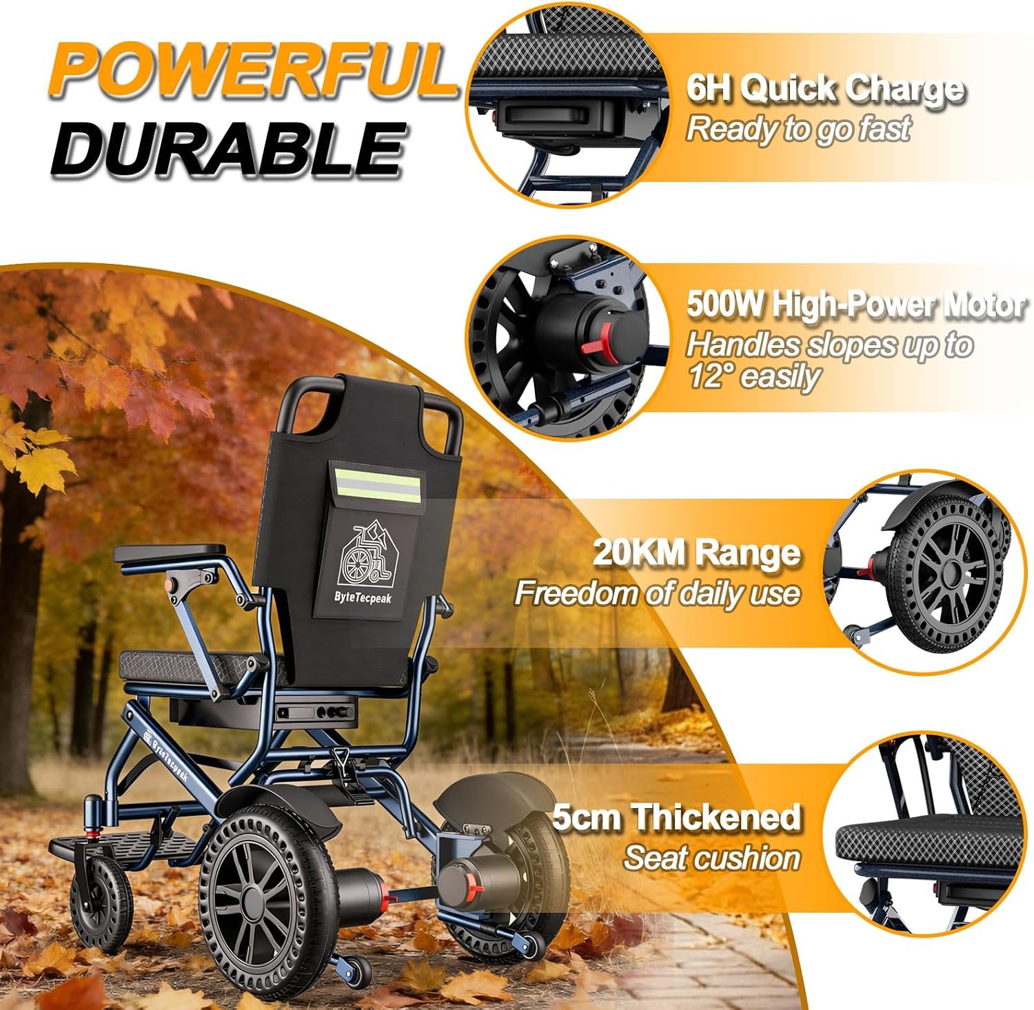 D14 Folding Electric Wheelchair for Adults with Removable Lithium Battery,20km Range,500W Motor,Lightweight & Compact Ultra-Portable Aluminium Powerchair,Travel-Friendly & Airline Approved - Image 4